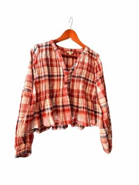 Pilcro Coral and Navy Plaid Button-Front Top